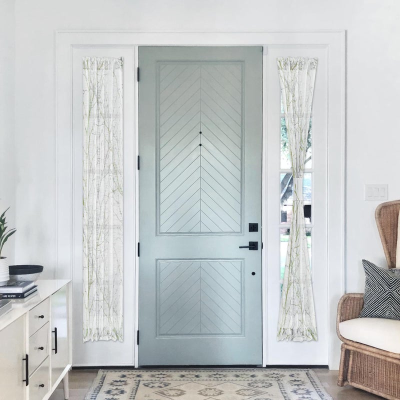 FMFUNCTEX Sidelight Sheer French Door Curtains 72 Inches Long White, Green and Grey Print Branch Semi-Sheer Door Panels for Front Patio Door 24 Inches Wide 2 Panels Set - Image 2